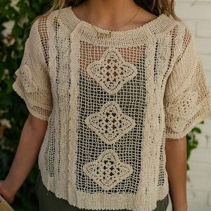 Zara Open Knit Crochet Short Sleeve Top Size M Almond Tan Women's